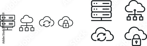 Four detailed icons represent different aspects of cloud computing.