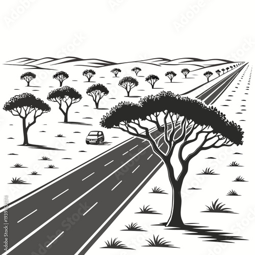 Black and white of desert highway with trees and car