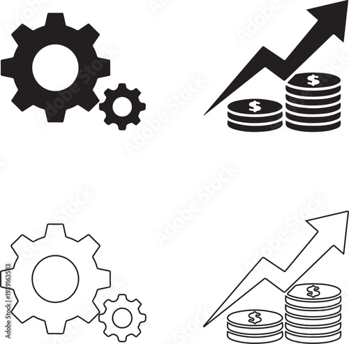  business leverage icon set flat style illustration. containing competitive edge, economic scale, synergy effect, strategic advantage, growth potential, equity funding, profit maximization.eps