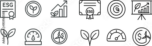 Several symbols illustrate key ESG concepts focused on sustainability, including a certification, growth metrics, and resource management indicators, emphasizing environmental responsibility.