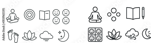 Set of icons illustrating themes of wellness, including meditation, emotional expression, nature, and relaxation, reflecting a holistic approach to mental health and wellbeing.