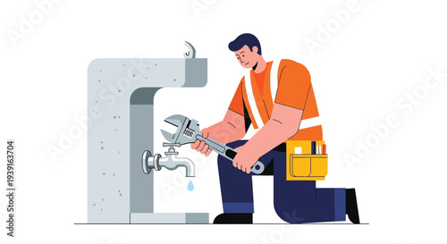 Plumber repairing outdoor water pipe system vector