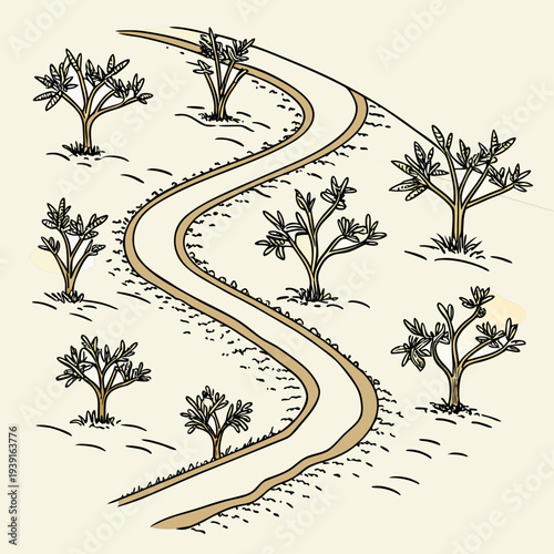 Depiction of a winding dirt road through sparse vegetation