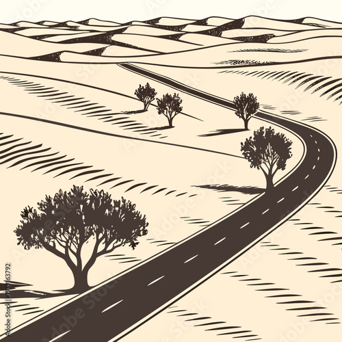 Desert road with trees and sand dunes brown