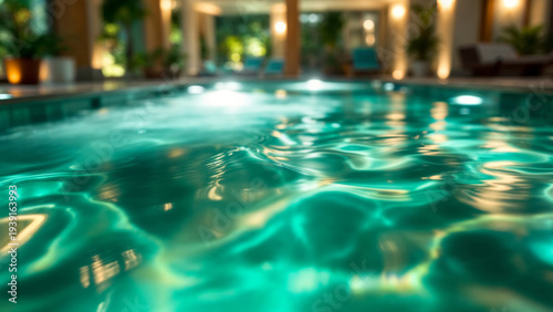 Sparkling green water ripples across a luxury indoor pool at night