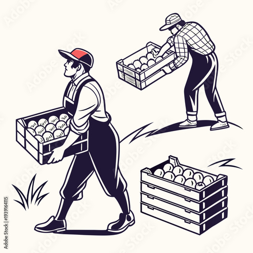 Men carrying and stacking crates of eggs on farm workers