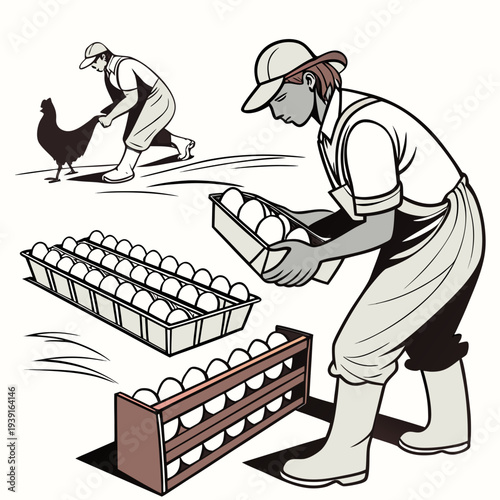 Of farm workers collecting eggs from chicken coops