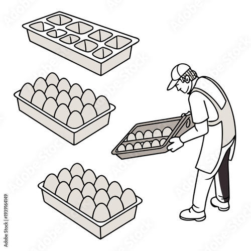 Of man arranging egg trays worker eggs packaging