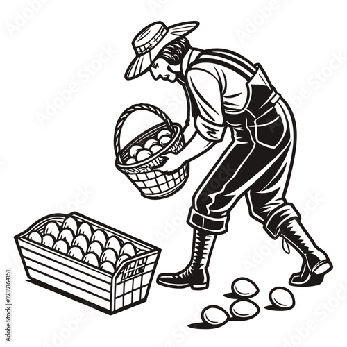 Rural egg collector gathering eggs from basket and crate