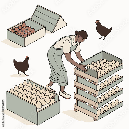 Woman collecting eggs from poultry farm with chickens and egg crates
