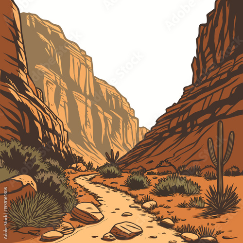 Desert canyon pathway with steep rock cliffs and cactus
