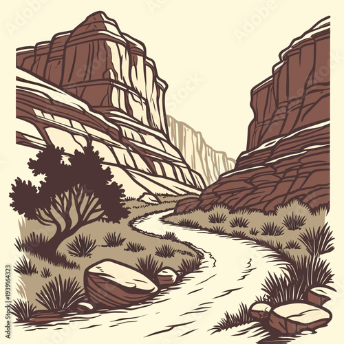 Dry canyon pathway landscape with steep rock cliff