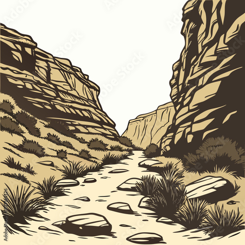 Dry canyon pathway with steep rock cliffs and sparse vegetation