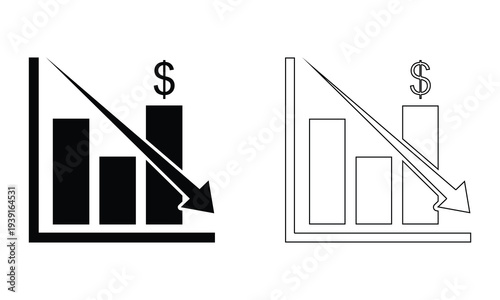 Financial loss bar chart icon set with falling arrow and dollar sign for economic recession