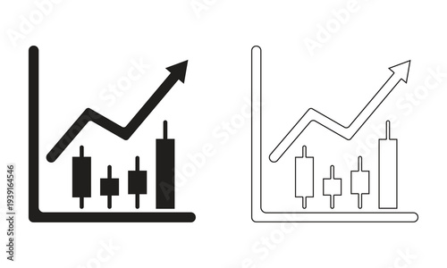 Stock market trading trend up icon, candlestick chart with arrow pointing up vector sign