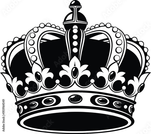 A black and white illustration of a royal crown with jewels and a cross on top symbolizing monarchy and power