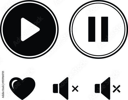 Minimalist Black And White Media Player Icons Including Play Pause Heart And Mute Symbols For Interface App Design.