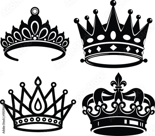 Collection of four distinctive royal crowns with various designs and ornaments