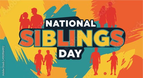 National Siblings Day banner with colorful silhouettes in vibrant orange and blue hues for social media post