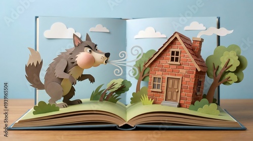 Pop up book showing big bad wolf blowing at brick house, three little pigs fairytale paper cut style