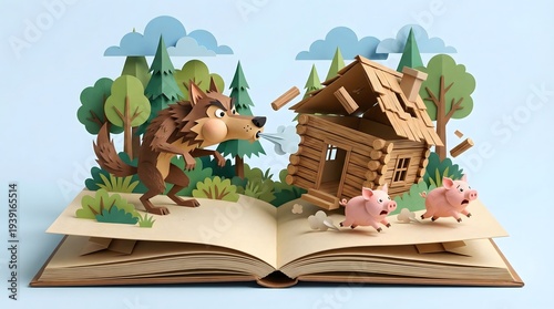 Pop up book of big bad wolf blowing down wooden log house with two little pigs escaping, paper cut style fairytale