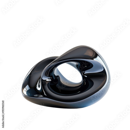 Black glossy abstract ring sculpture with reflective surface isolated on Transparent Background