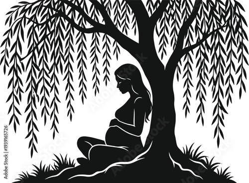 Pregnant woman sitting under a willow tree silhouette, minimalist flat vector illustration of motherhood and nature.
