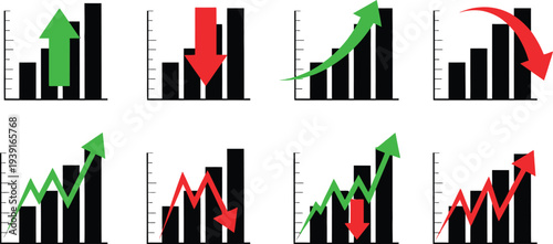 Collection of eight graphs with trending arrows in green and red