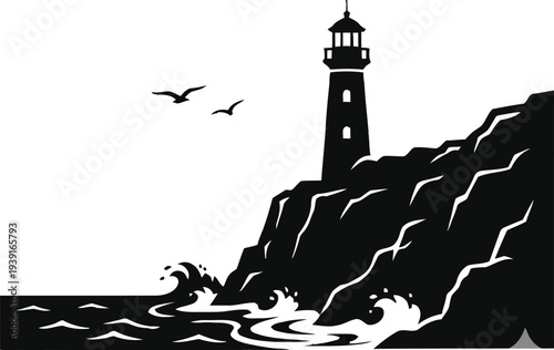 Minimalist lighthouse silhouette on a rocky cliff with ocean waves and birds, flat vector illustration