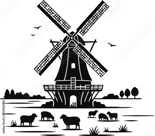 Traditional windmill silhouette in a rural landscape with grazing sheep, minimalist flat vector illustration