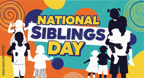 National Siblings Day Celebration with Diverse Children Silhouettes in Vibrant Colors on Abstract Background for Social Media