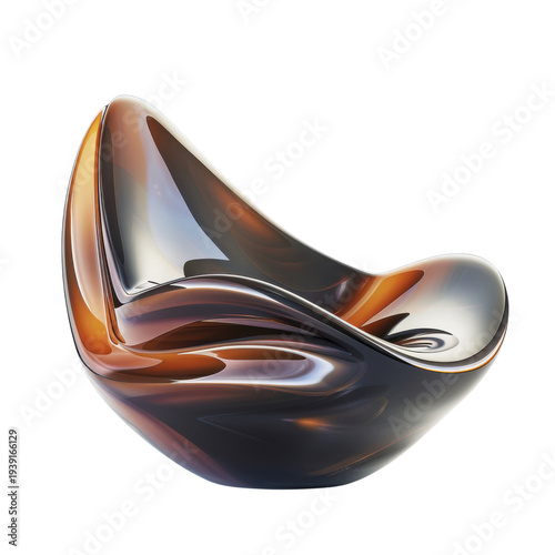 Abstract amber and dark glass sculpture bowl with smooth curves isolated on Transparent Background