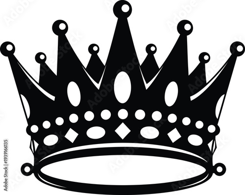 A black and white illustration of a royal crown with spikes and jewels