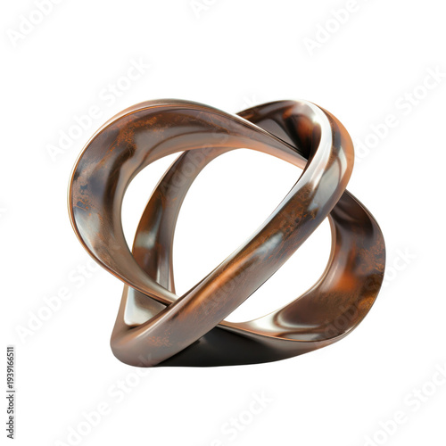 Abstract twisted bronze metal knot sculpture 3D render isolated on Transparent Background