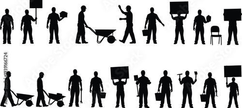 Black silhouette collection of construction workers laborers and builders carrying tools using wheelbarrows and holding signs isolated on white background