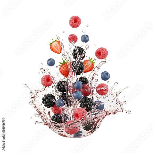 Mixed berries splash in liquid, creating a dynamic visual with dark background