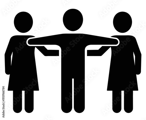 Minimal wellness community symbol featuring three human figures with arms connected | Support group and therapy icon representing shared wellbeing