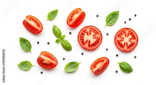 Wallpaper Mural Several halved cherry tomatoes and fresh basil leaves are arranged on a white surface. Black peppercorns are scattered around the vegetables. Torontodigital.ca