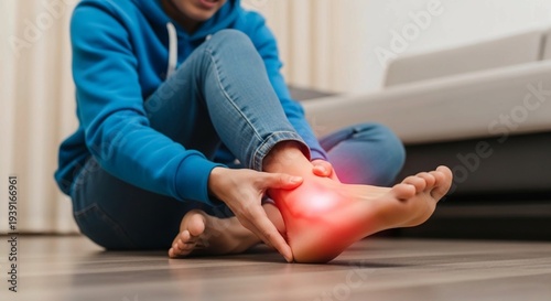 Achilles tendon injury, joint inflammation, foot pain, man suffering from feet ache, podiatry concept, Achilles pain, foot health,person sitting on the floor in blue clothing holding a painful ankle h
