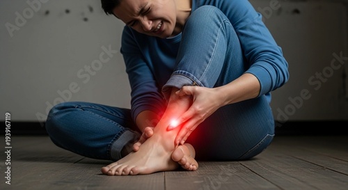 Achilles tendon injury, joint inflammation, foot pain, man suffering from feet ache, podiatry concept, Achilles pain, foot health,person sitting on the floor in blue clothing holding a painful ankle h