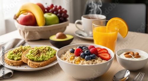 A bright and inviting breakfast spread sits on a wooden table. A rustic basket overflows with colorful fruits – a banana, grapes, an apple, a green apple, and an avocado.
