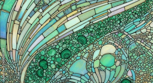 A stunning stained glass panel showcases a complex, abstract design resembling a swirling, organic form.