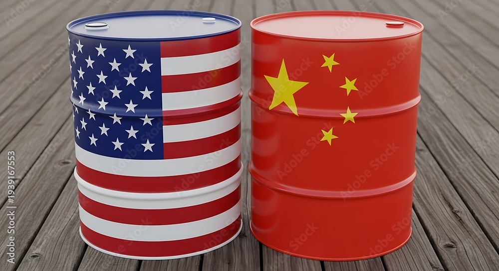 Fototapeta premium US China oil barrels on wooden deck symbolizing trade relations