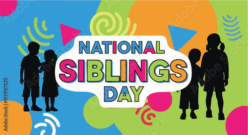 National Siblings Day Silhouettes in Playful Multicolored Background with Vibrant Text for Social Media