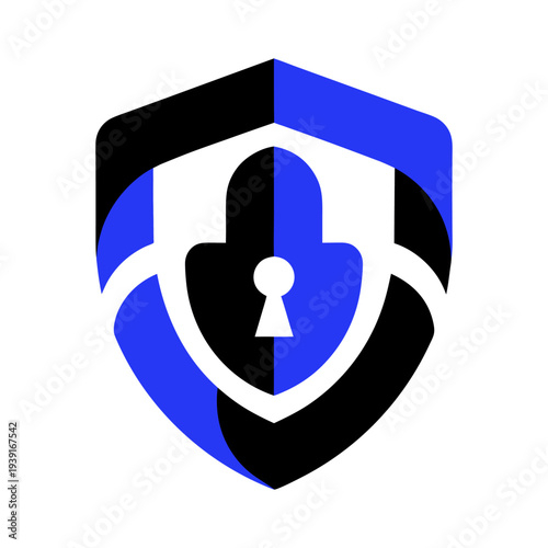 Security protection shield flat vector, stylized logo with a keyhole and lock design in blue, black, and white colors