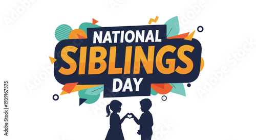 National Siblings Day Celebration Silhouette with Colorful Floral Elements in Bright Vibrant Colors for Social Media