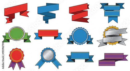 A collection of colorful ribbons and banners in various shapes and designs for decoration and recognition