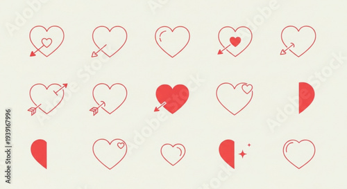 A set of minimalist red heart icons and illustrations in various styles and designs