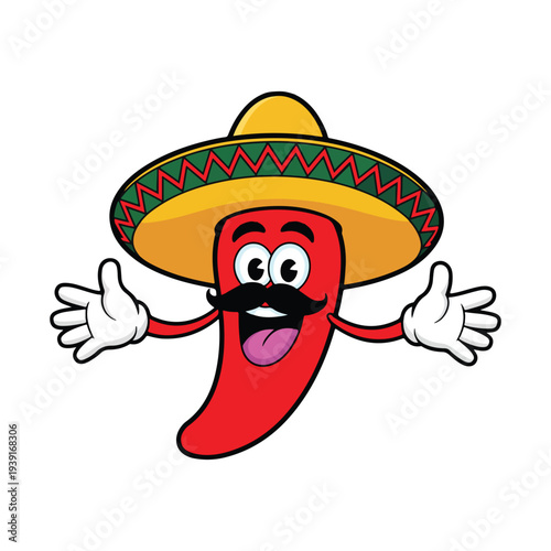 Cheerful red chili pepper character wearing a sombrero and mustache cartoon