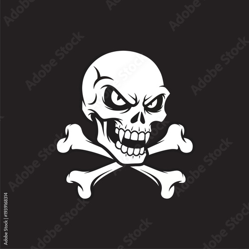 Menacing skull and crossbones symbol on black background.